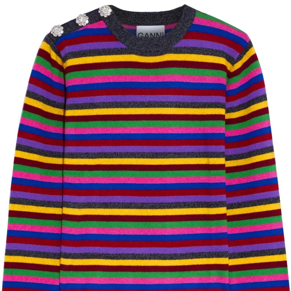 Ganni Button Embellished Striped Cashmere Sweater